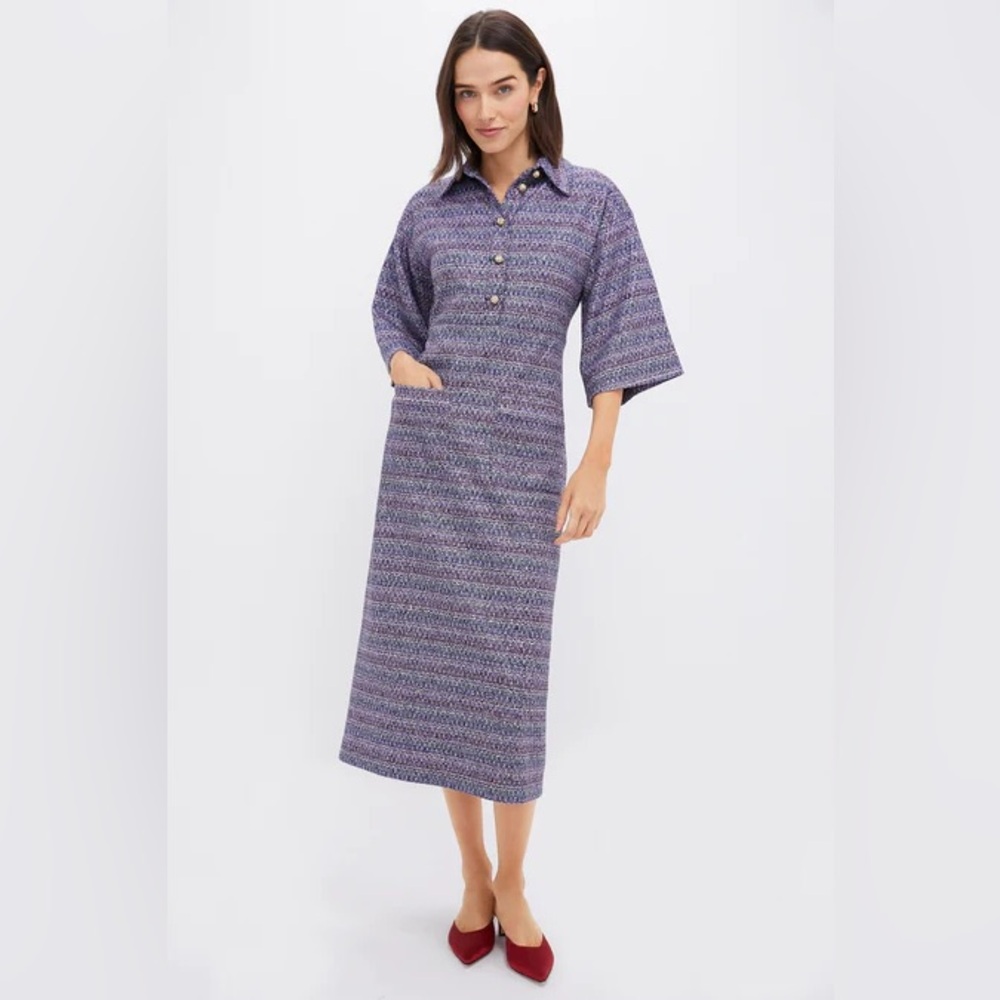 Purple Tweed Midi Dress with Button Placket